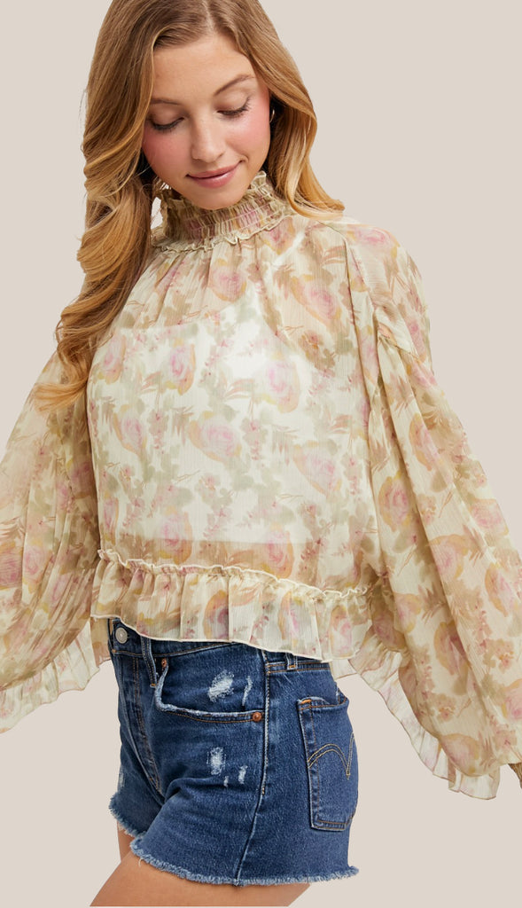 In This Moment Floral Print Chiffon Top- Pink