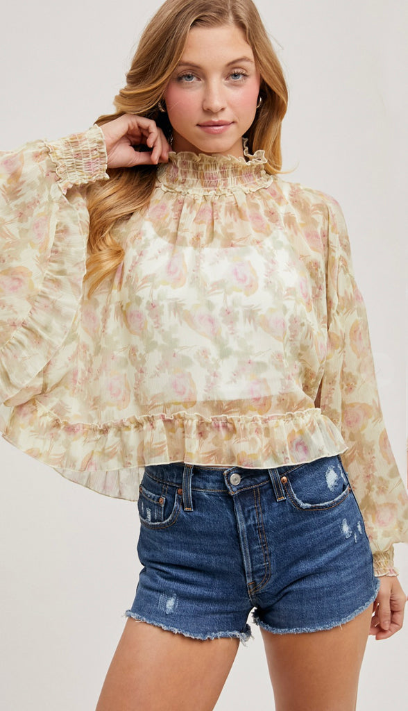 In This Moment Floral Print Chiffon Top- Pink
