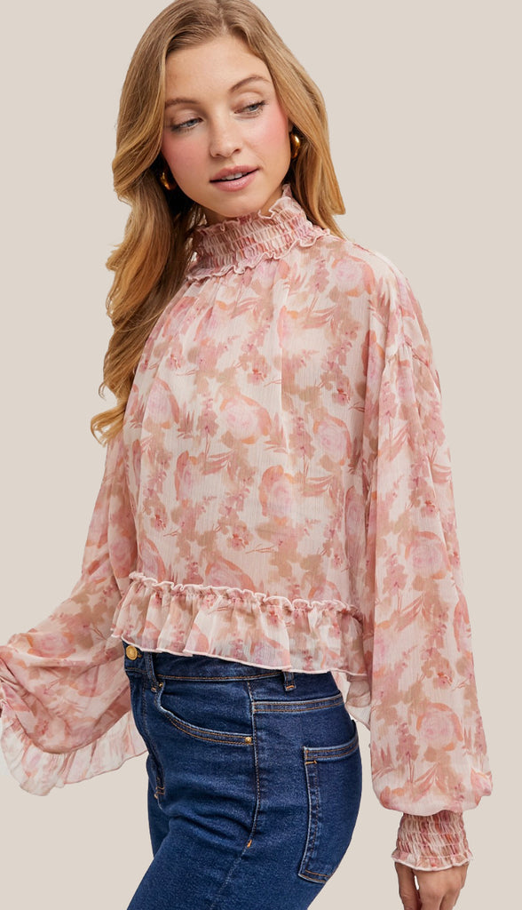 In This Moment Floral Print Chiffon Top- Pink