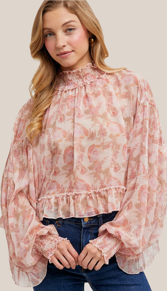 In This Moment Floral Print Chiffon Top- Pink