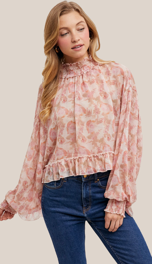 In This Moment Floral Print Chiffon Top- Pink
