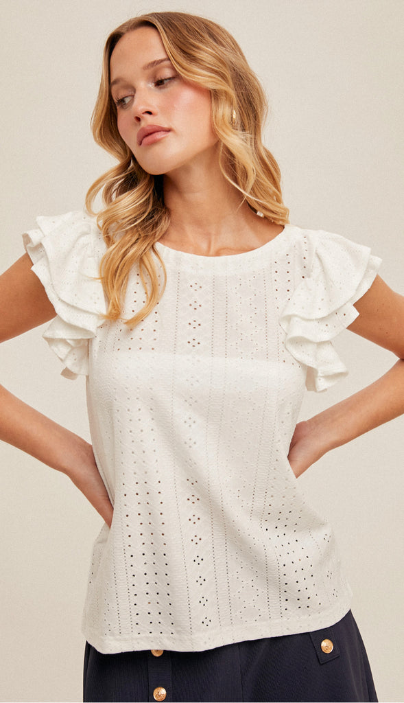 Senna Knit Eyelet Flutter Sleeve Top- Off White