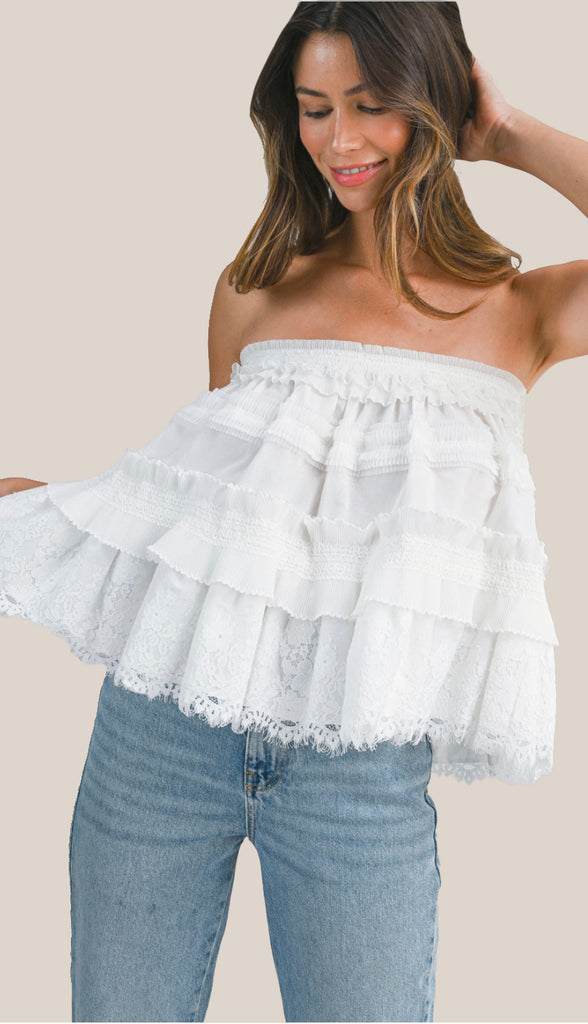 Free People Vibes Lace Tiered Convertible Tube Top And Skirt- Off White