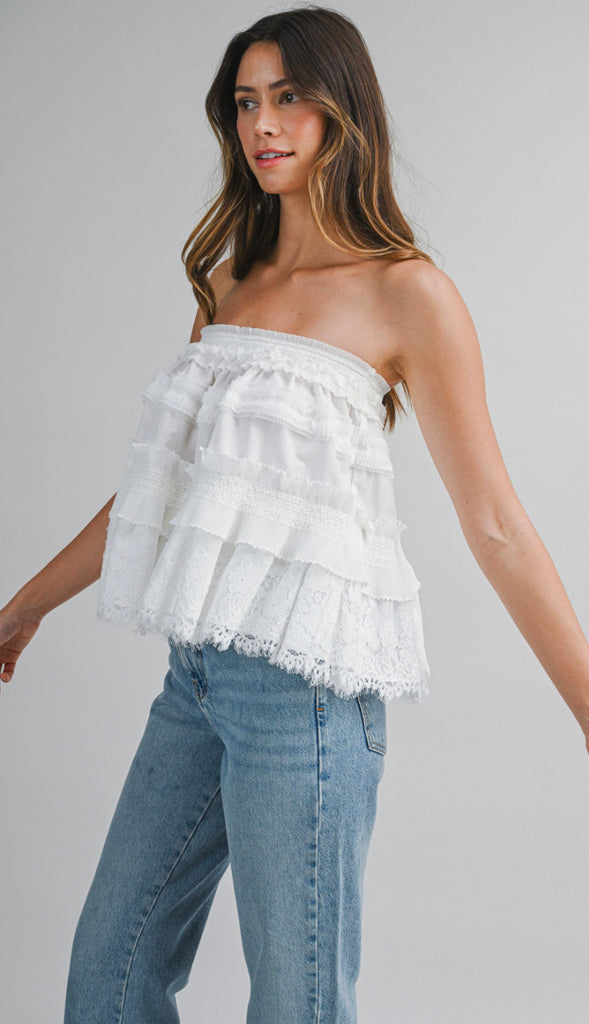 Free People Vibes Lace Tiered Convertible Tube Top And Skirt- Off White