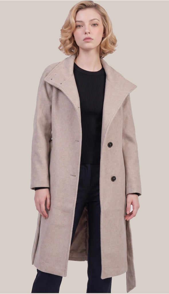 Sarena Funnel Neck Belted Coat- Oatmeal