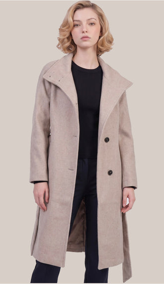 Sarena Funnel Neck Belted Coat- Oatmeal