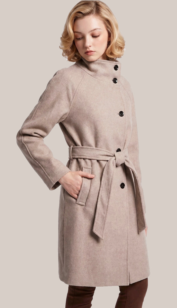 Sarena Funnel Neck Belted Coat- Oatmeal