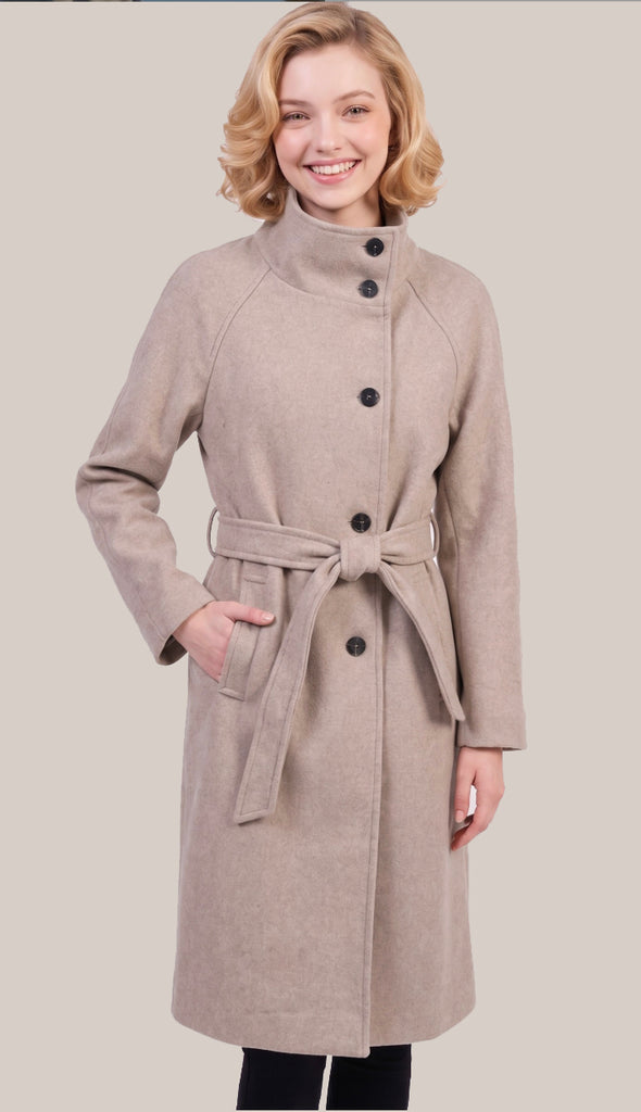 Sarena Funnel Neck Belted Coat- Oatmeal