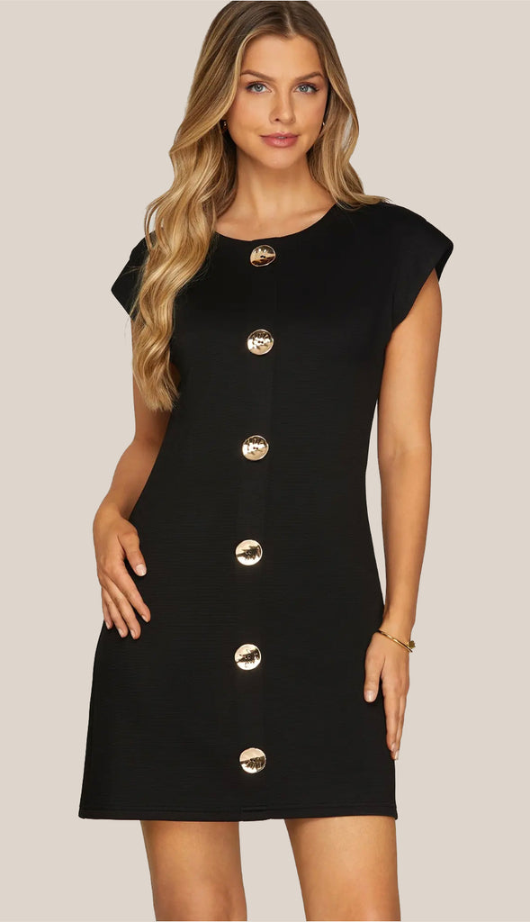 I Mean Business Gold Button Dress- Black
