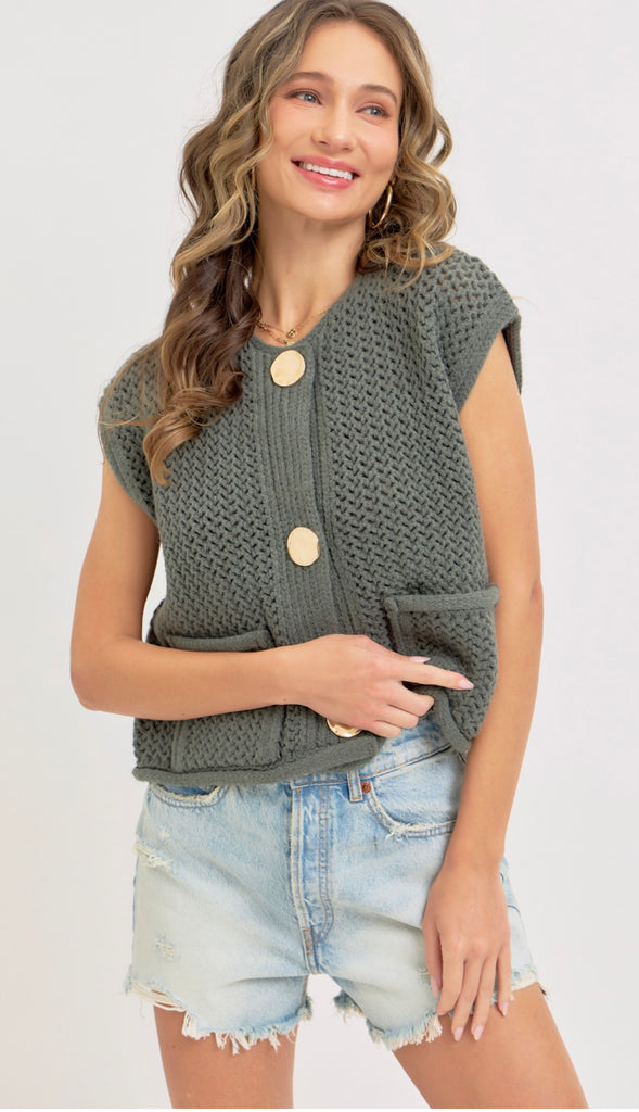 Cadence Gold Button Sweater- Pinewood
