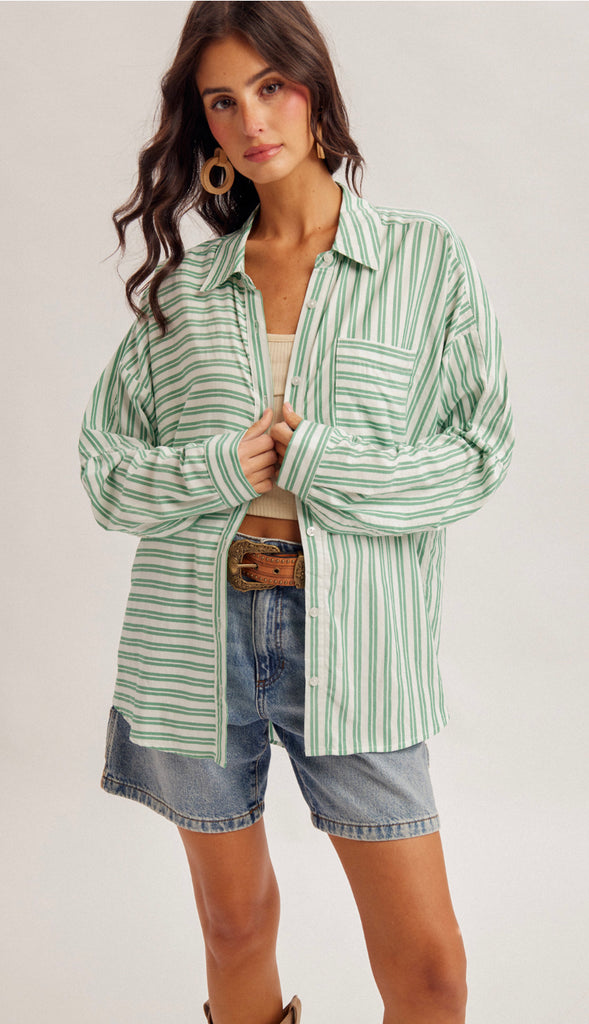 Cassie Oversized Stripe Button Down Shirt- Cactus Green