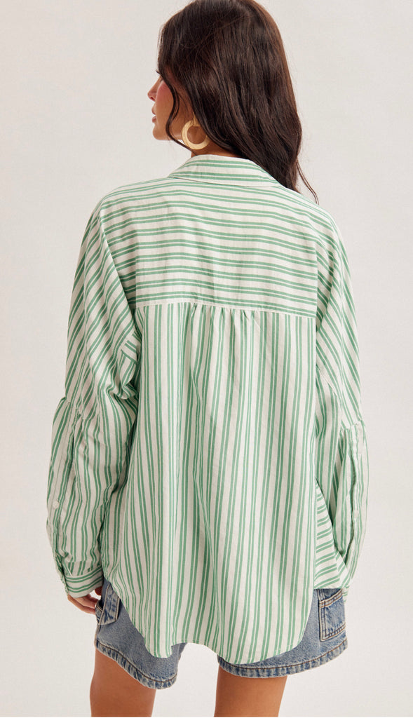 Cassie Oversized Stripe Button Down Shirt- Cactus Green