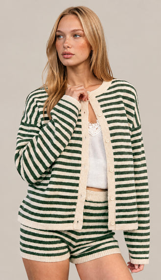 Jenna Striped Button Down Contrast Cardigan- Hunter Green