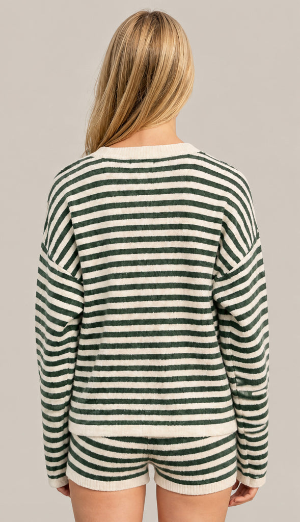 Jenna Striped Button Down Contrast Cardigan- Hunter Green