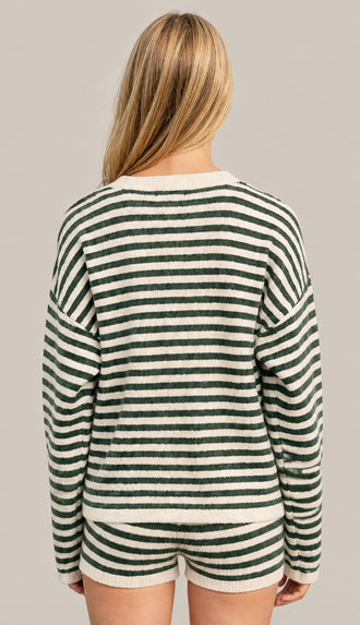 Jenna Striped Button Down Contrast Cardigan- Hunter Green