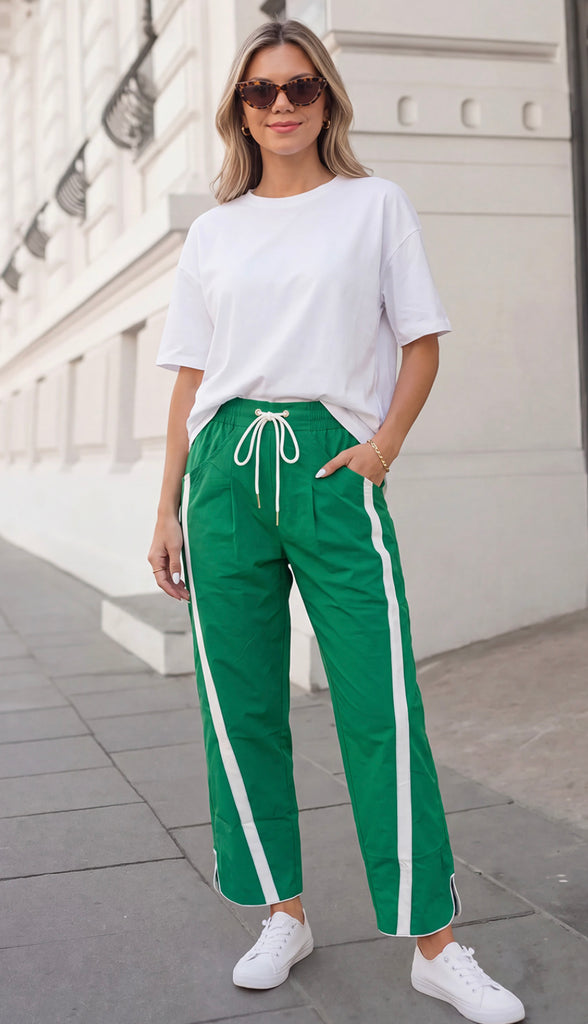 Biggest Fan Drawstring Cropped Track Pants- Bright Green
