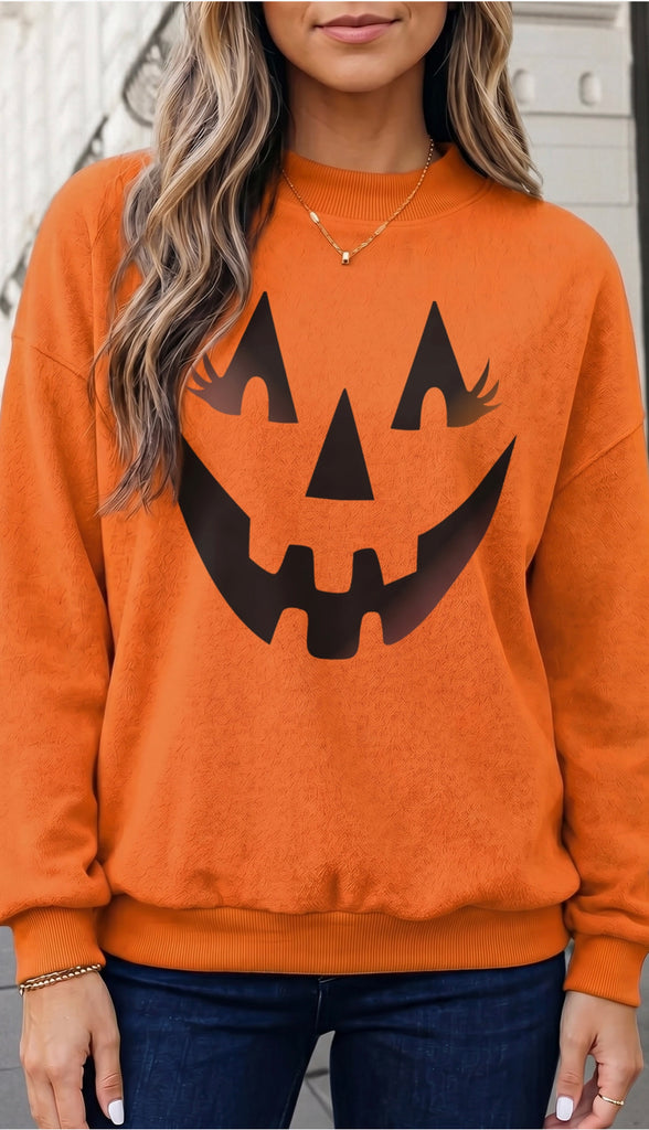 Spooky Halloween Mock Neck Reversible Sweatshirt- Carrot Orange