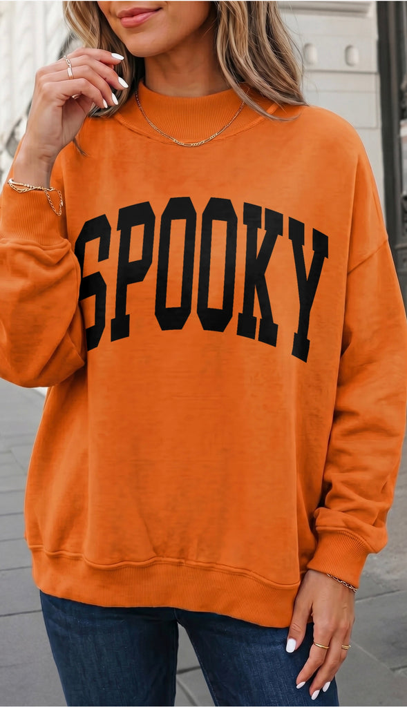 Spooky Halloween Mock Neck Reversible Sweatshirt- Carrot Orange