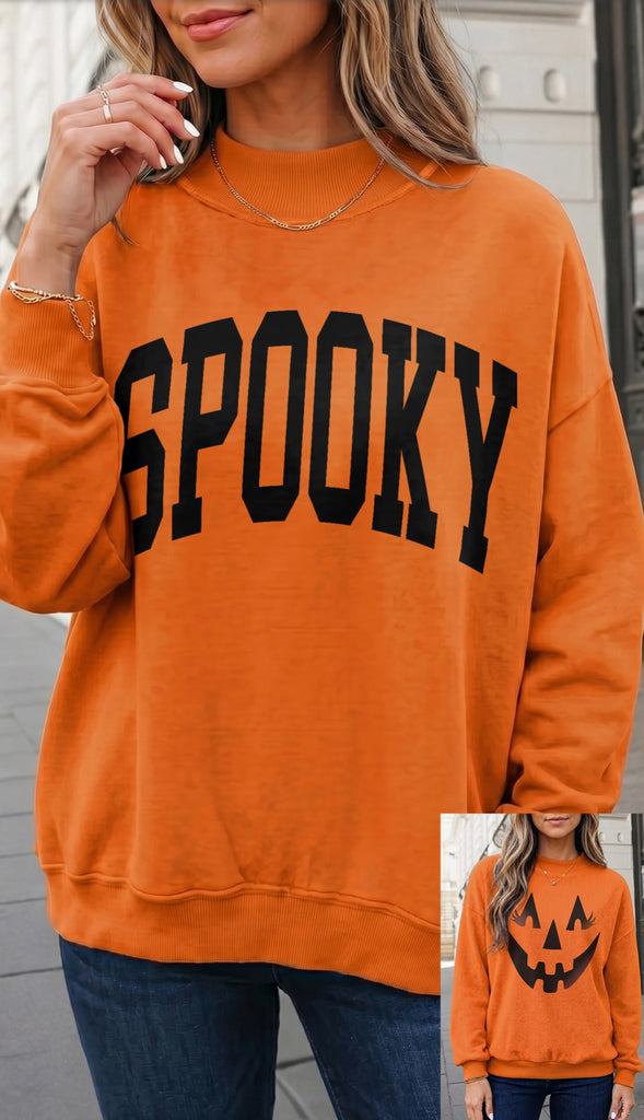 Spooky Halloween Mock Neck Reversible Sweatshirt- Carrot Orange