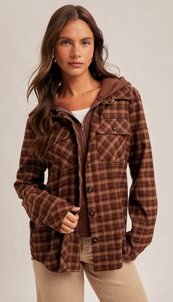 Colorado Boulders Button Down Hoodie Plaid- Caramel