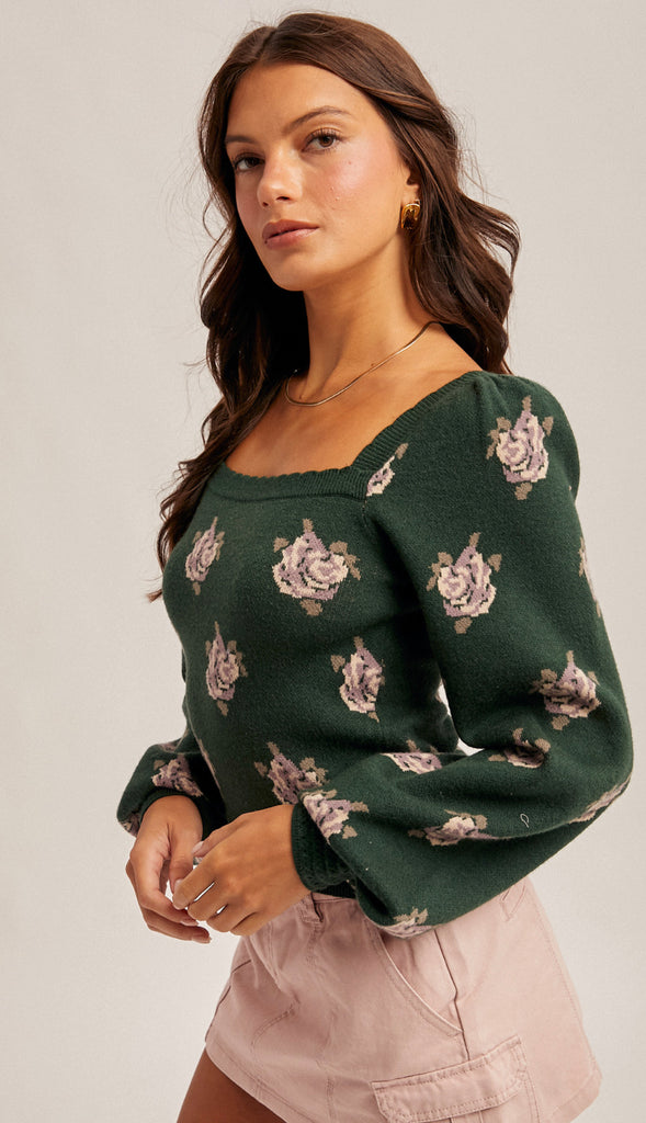 Emerson Square Neck Puff Sleeve Floral Sweater- Hunter Green