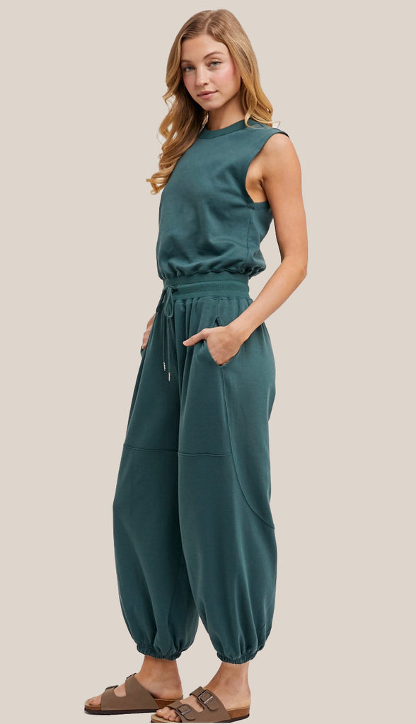 Drawstring Waist Sleeveless Knit Active Jumpsuit- Hunter Green
