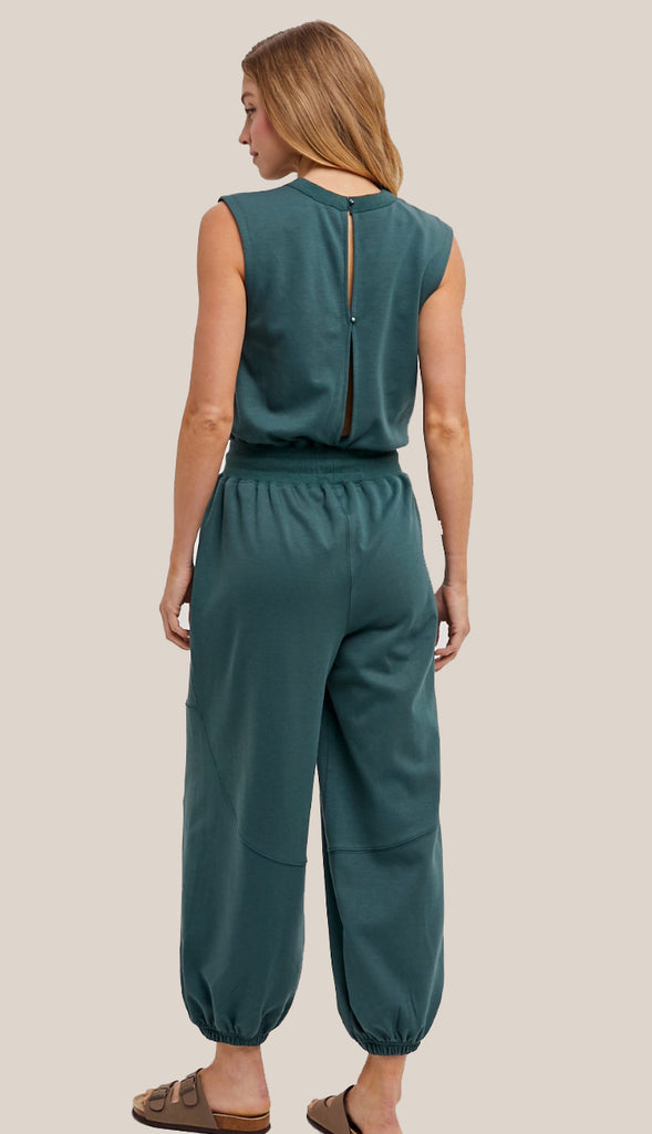 Drawstring Waist Sleeveless Knit Active Jumpsuit- Hunter Green