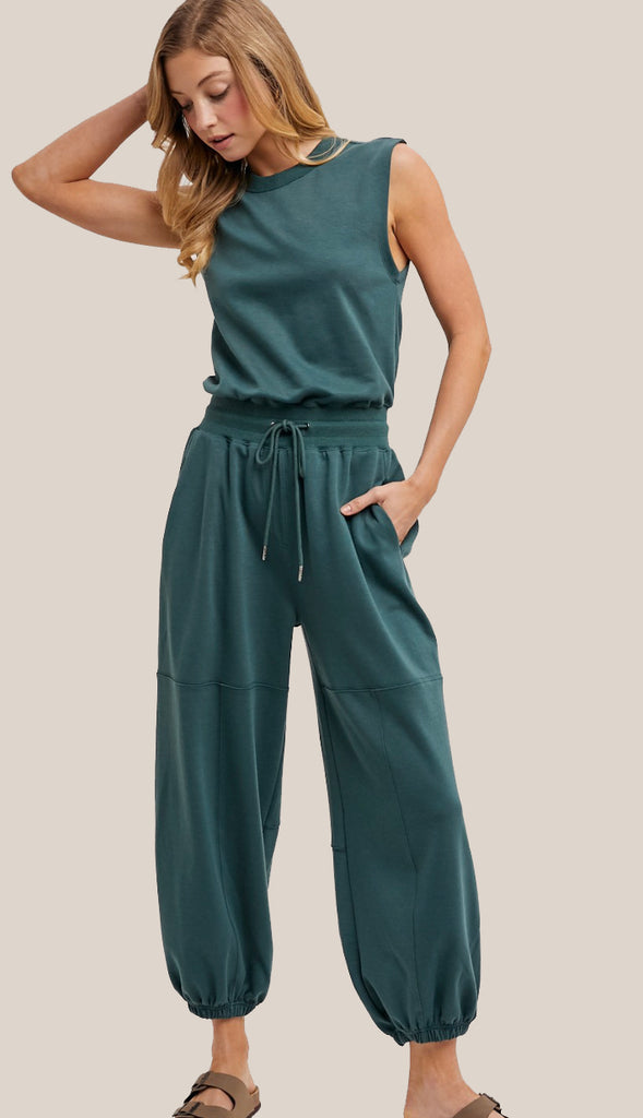 Drawstring Waist Sleeveless Knit Active Jumpsuit- Hunter Green