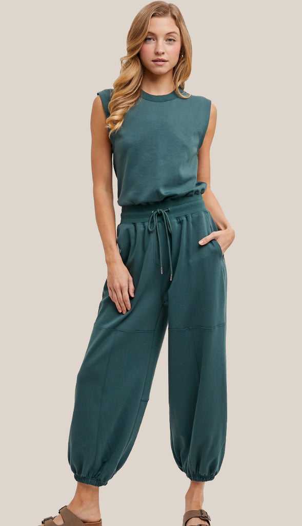Drawstring Waist Sleeveless Knit Active Jumpsuit- Hunter Green