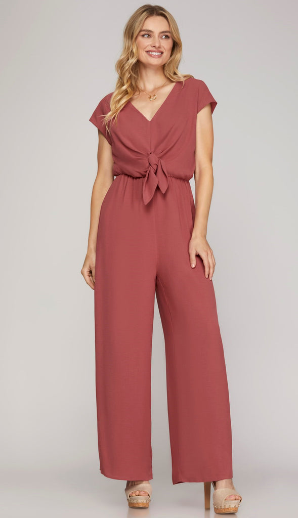 She's Got It Short Sleeve Front Tie Jumpsuit- Black