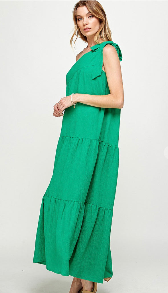 Midori One Shoulder Bow Tiered Maxi Dress- Green