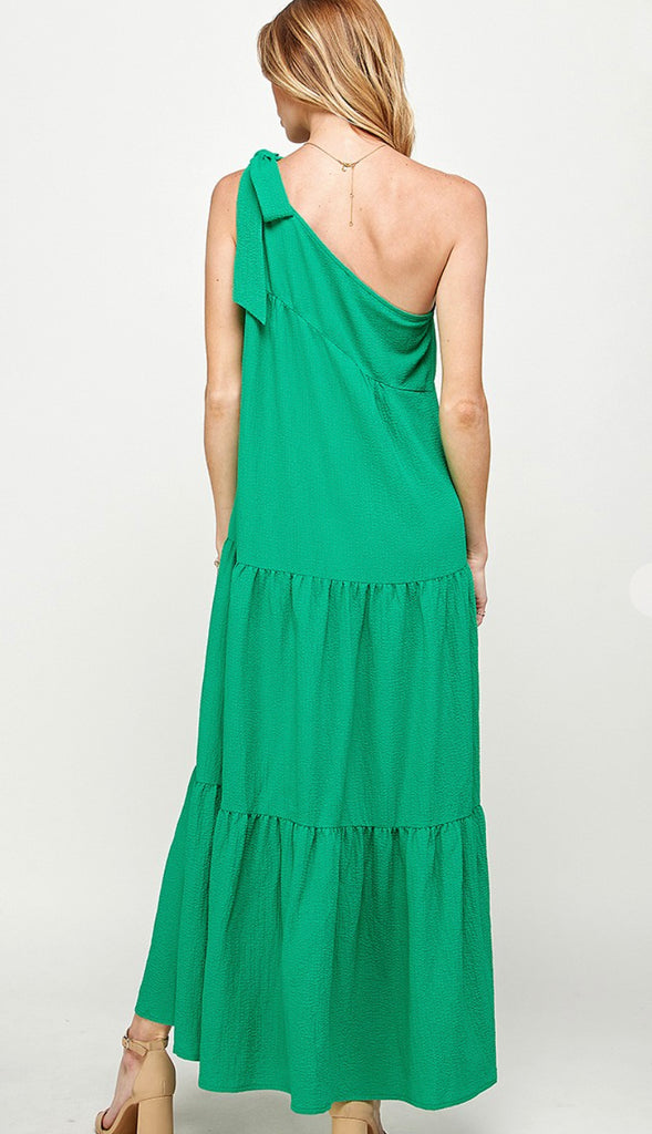 Midori One Shoulder Bow Tiered Maxi Dress- Green
