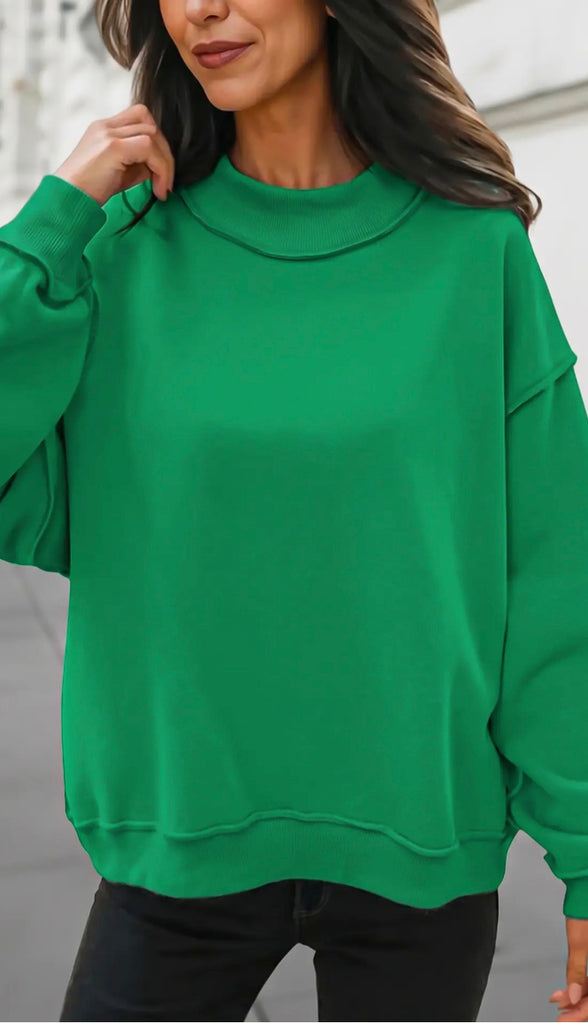 Solid Reversible Oversized Mock Neck Sweatshirt- Green