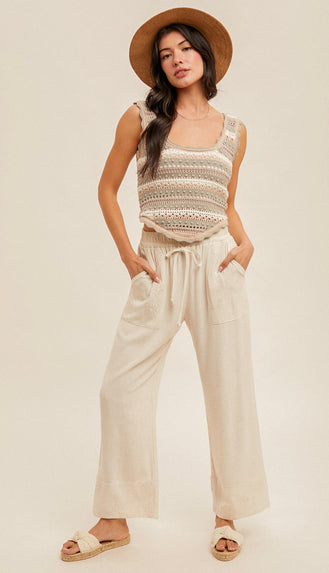 Eyelet Embroidery Linen Pants- Natural