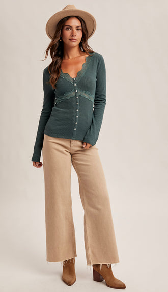 Molly Lace Trim Ribbed Top- Forest Green