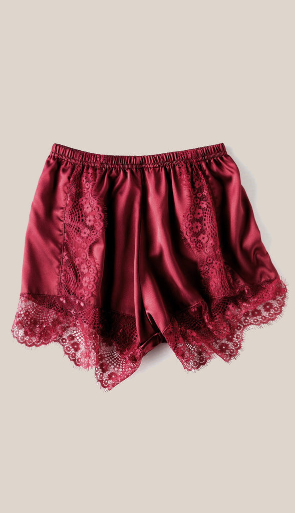 Satin Lace Trim Shorts- Wine