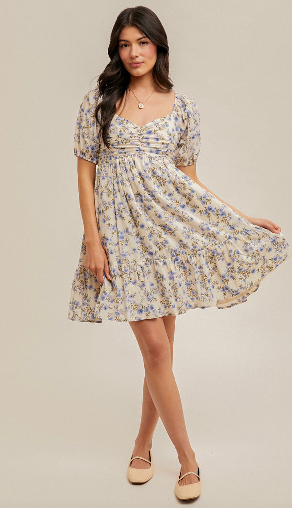 Living In A Dream Bubble Sleeve Floral Baby Doll Dress- Cream/Lavender