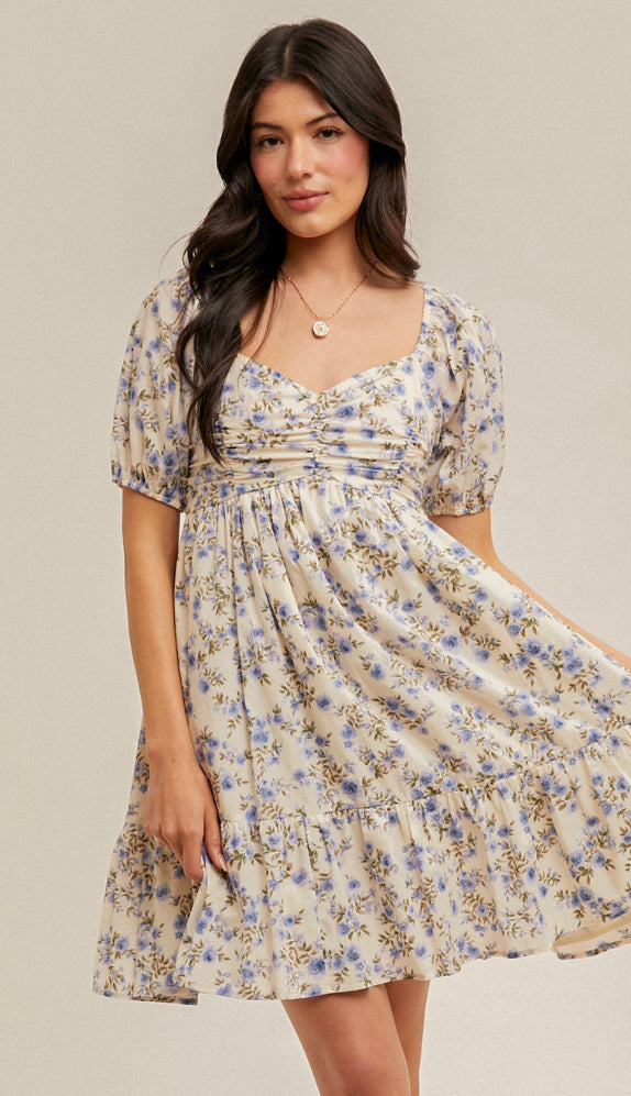 Living In A Dream Bubble Sleeve Floral Baby Doll Dress- Cream/Lavender