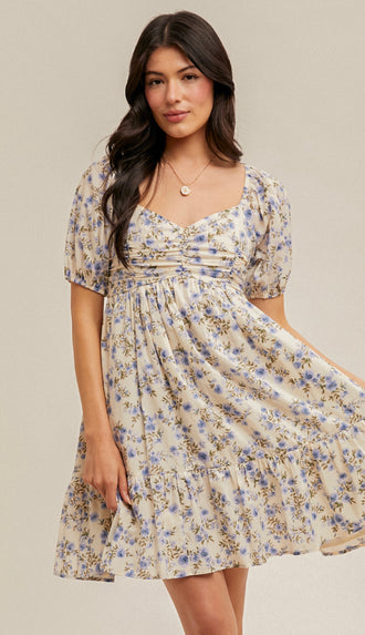 Living In A Dream Bubble Sleeve Floral Baby Doll Dress- Cream/Lavender