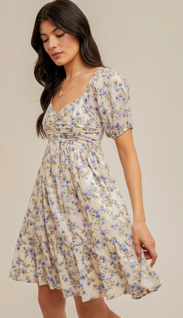 Living In A Dream Bubble Sleeve Floral Baby Doll Dress- Cream/Lavender