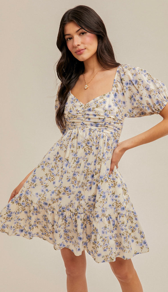 Living In A Dream Bubble Sleeve Floral Baby Doll Dress- Cream/Lavender