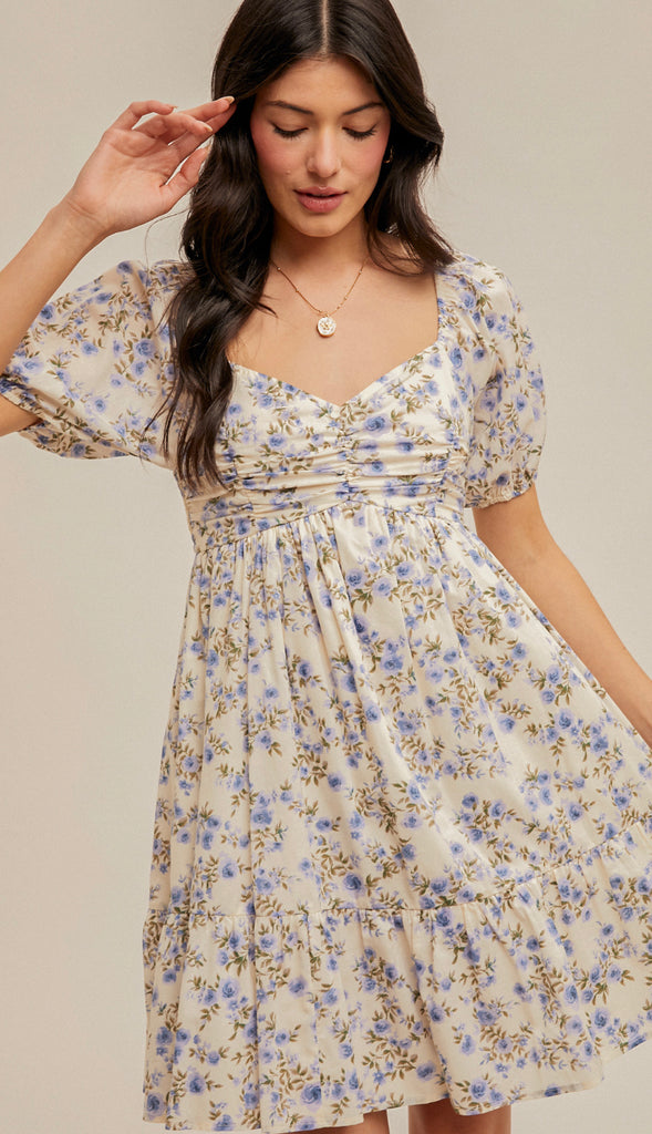 Living In A Dream Bubble Sleeve Floral Baby Doll Dress- Cream/Lavender