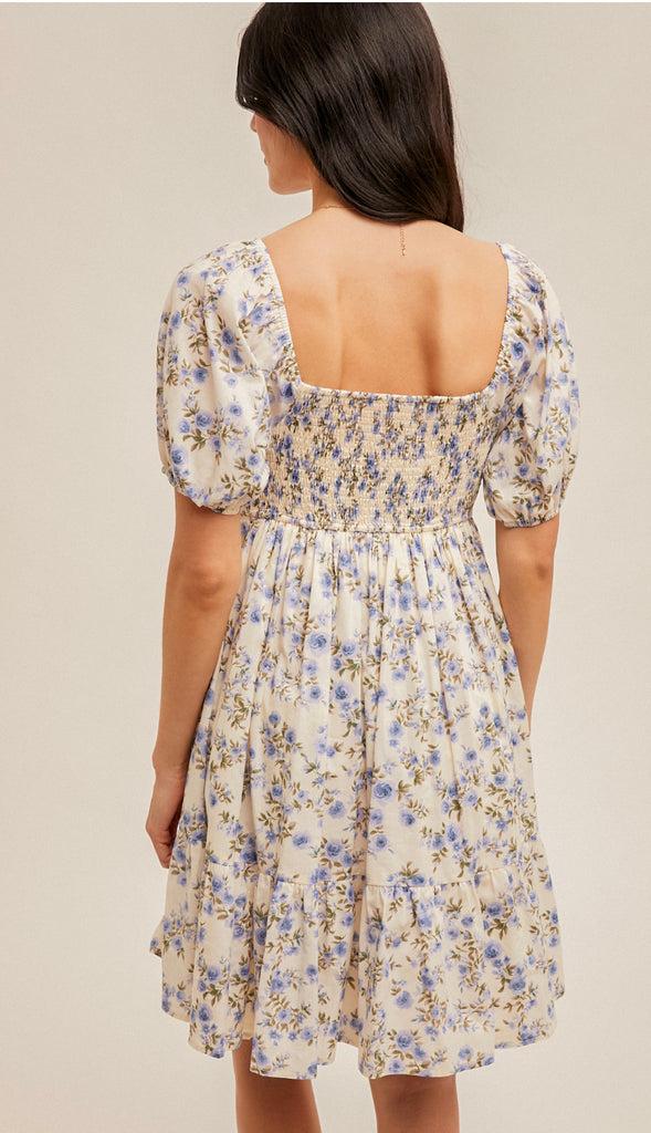 Living In A Dream Bubble Sleeve Floral Baby Doll Dress- Cream/Lavender