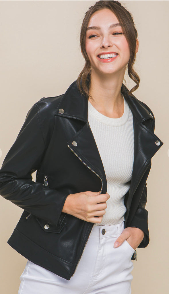On Edge Leather Moto Jacket- Black