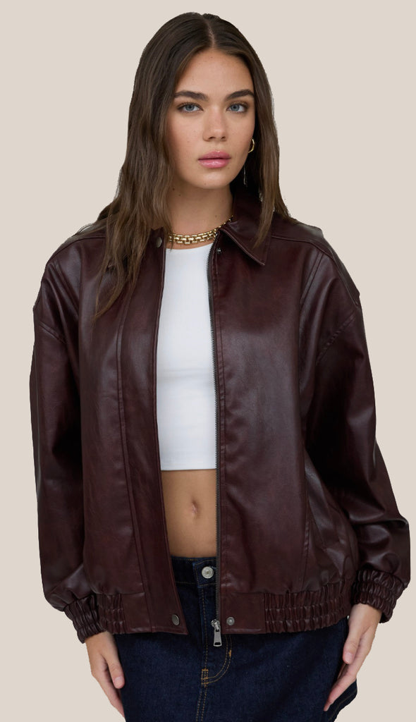Jett Faux Leather Zip Up Bomber Jacket- Olive