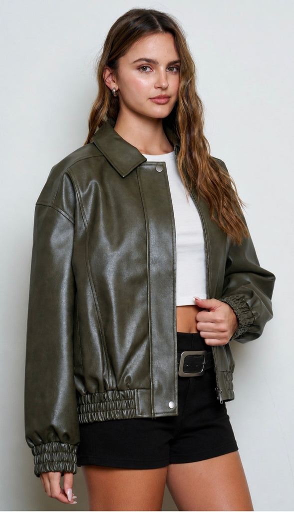 Jett Faux Leather Zip Up Bomber Jacket- Burgundy