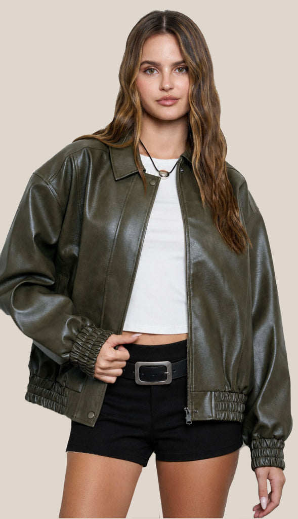Jett Faux Leather Zip Up Bomber Jacket- Burgundy