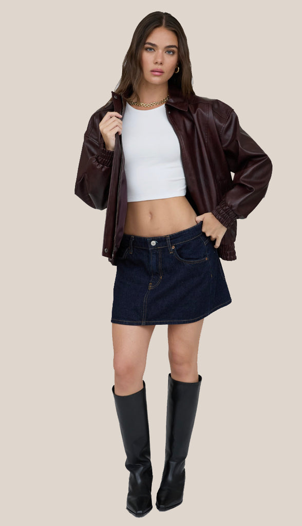 Jett Faux Leather Zip Up Bomber Jacket- Olive