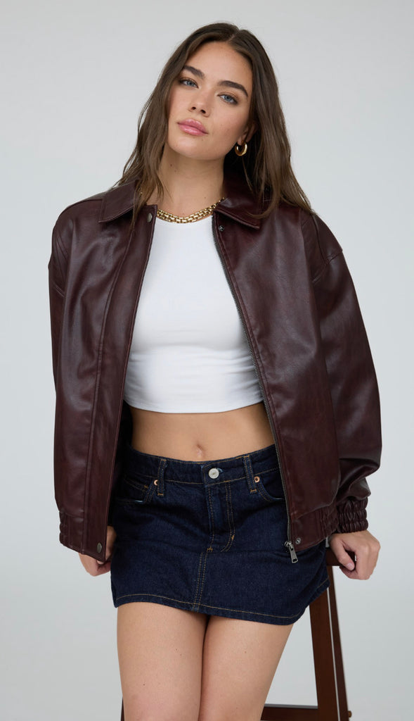 Jett Faux Leather Zip Up Bomber Jacket- Burgundy