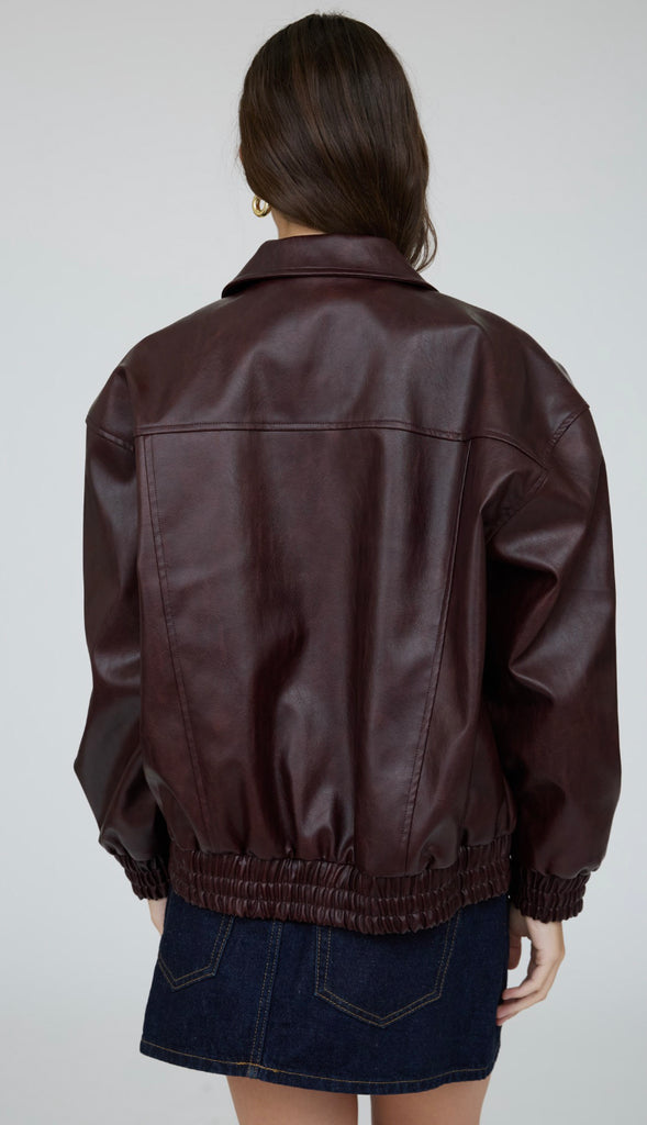 Jett Faux Leather Zip Up Bomber Jacket- Olive